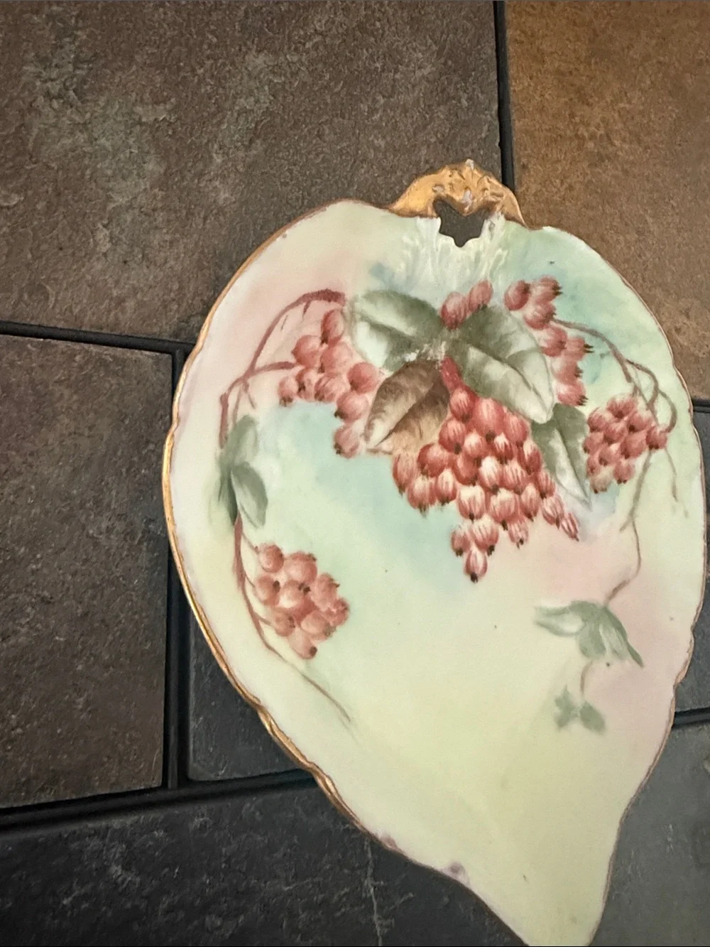 Antique Weimar Germany Porcelain Leaf Trinket Dish Berries Gold Trim Hand Paint